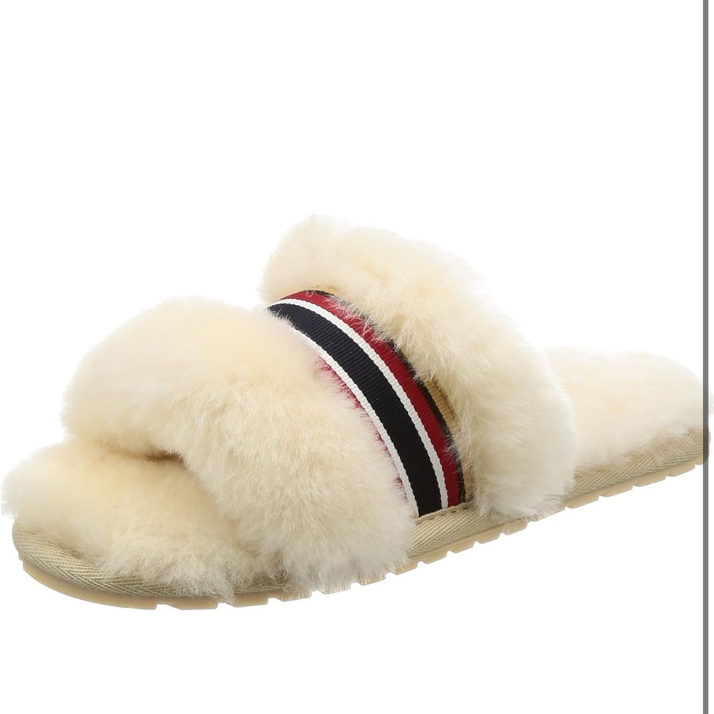 Emu Cream Sheepskin Fuzz Slide Slippers with Red-Black-White Stripe